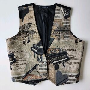 Vintage Grand Piano Vest Women XL Jacquard Tapestry Musical Notes Instrument 90s